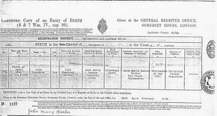 J. H. H. B. Birth Certificate